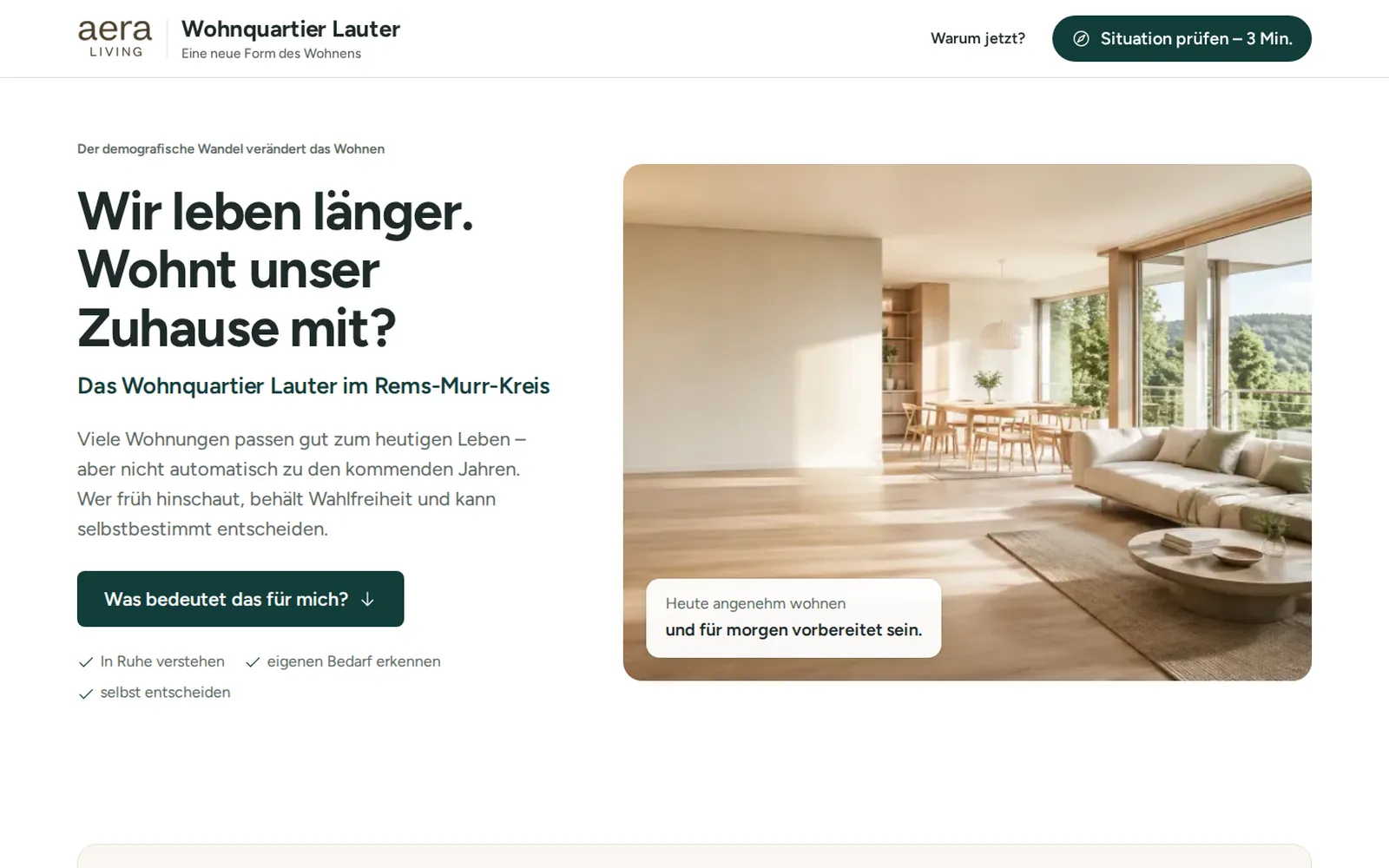 Neue Website Wohnquartier Lauter von aera LIVING – Hero mit der Frage „Wir leben länger. Wohnt unser Zuhause mit?“