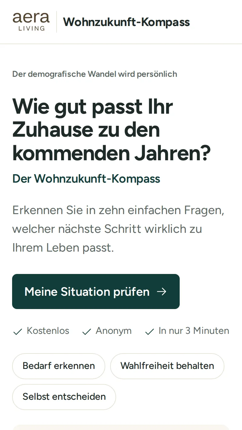 Website Wohnzukunft-Kompass auf dem Smartphone – Frage, Vorteile und Button zum Start des Selbsttests