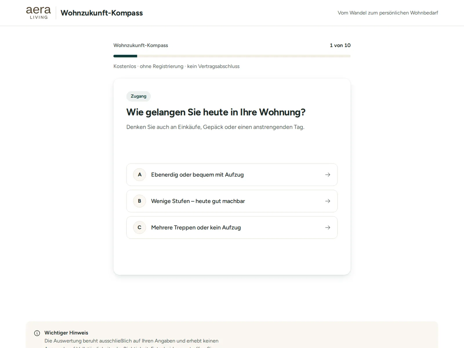 Wohnzukunft-Kompass, Frage 1 von 10: „Wie gelangen Sie heute in Ihre Wohnung?“ mit drei Antworten zur Auswahl
