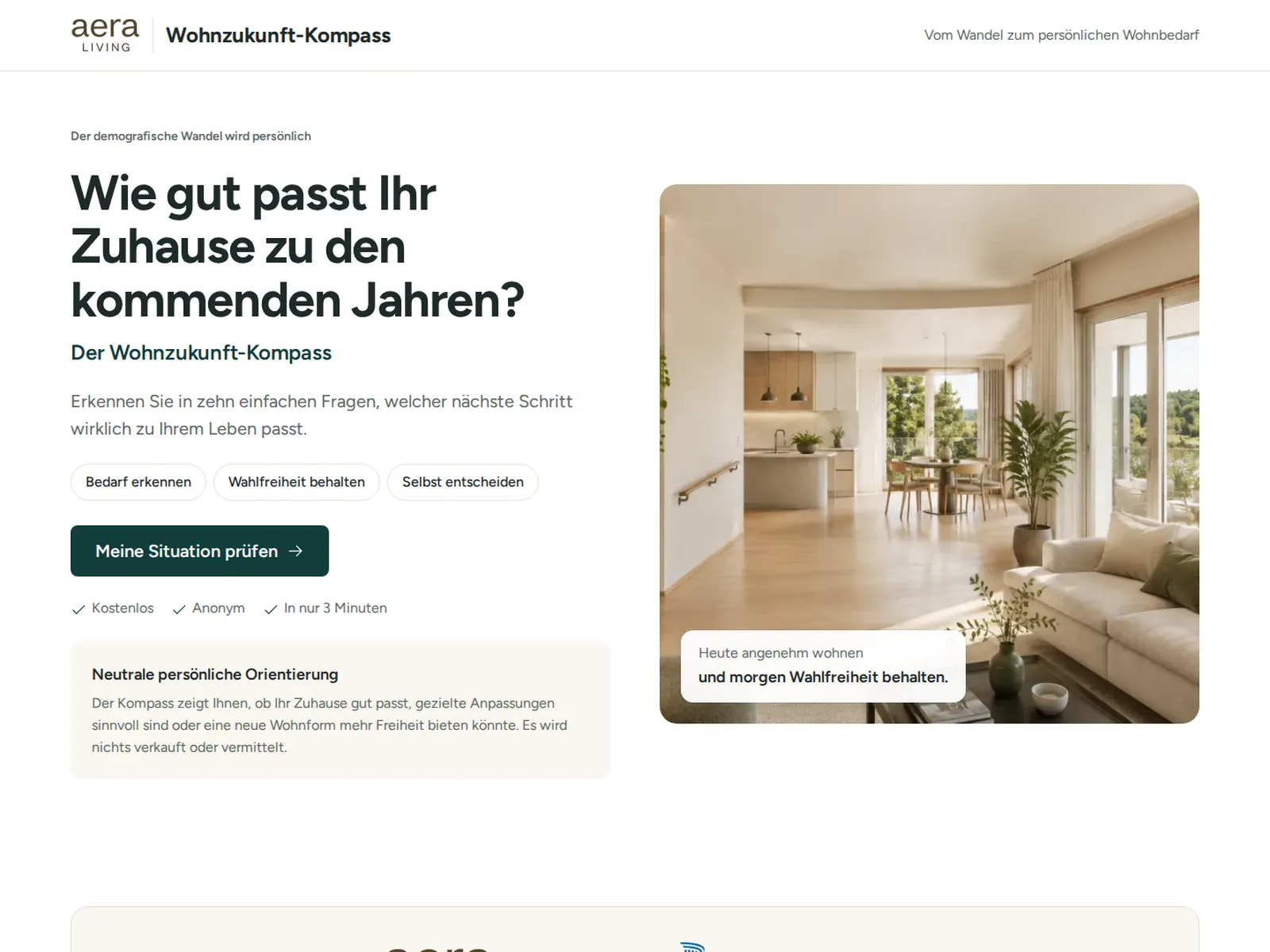Website Wohnzukunft-Kompass – Hero mit der Frage „Wie gut passt Ihr Zuhause zu den kommenden Jahren?“ und Button „Meine Situation prüfen“