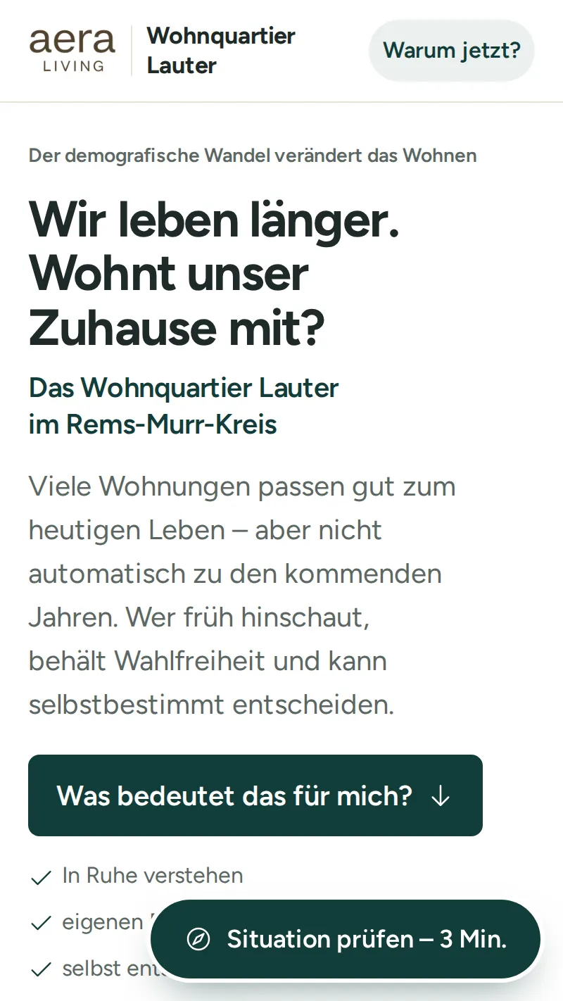Website Wohnquartier Lauter auf dem Smartphone – Logo, Headline und Einstieg direkt im ersten Bildschirm