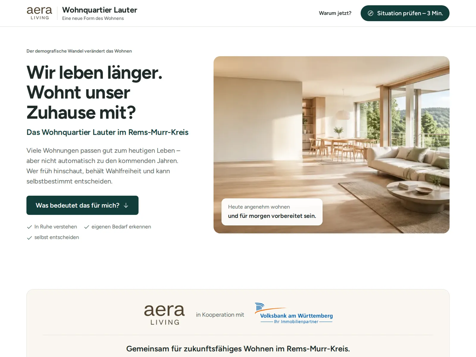 Website Wohnquartier Lauter – Hero mit Logo aera LIVING, Headline „Wir leben länger. Wohnt unser Zuhause mit?“ und Button zum Selbsttest