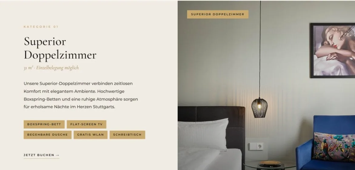 Neue Zimmerkategorie-Karte 'Superior Doppelzimmer' mit Foto, Ausstattungs-Tags und Buchungslink